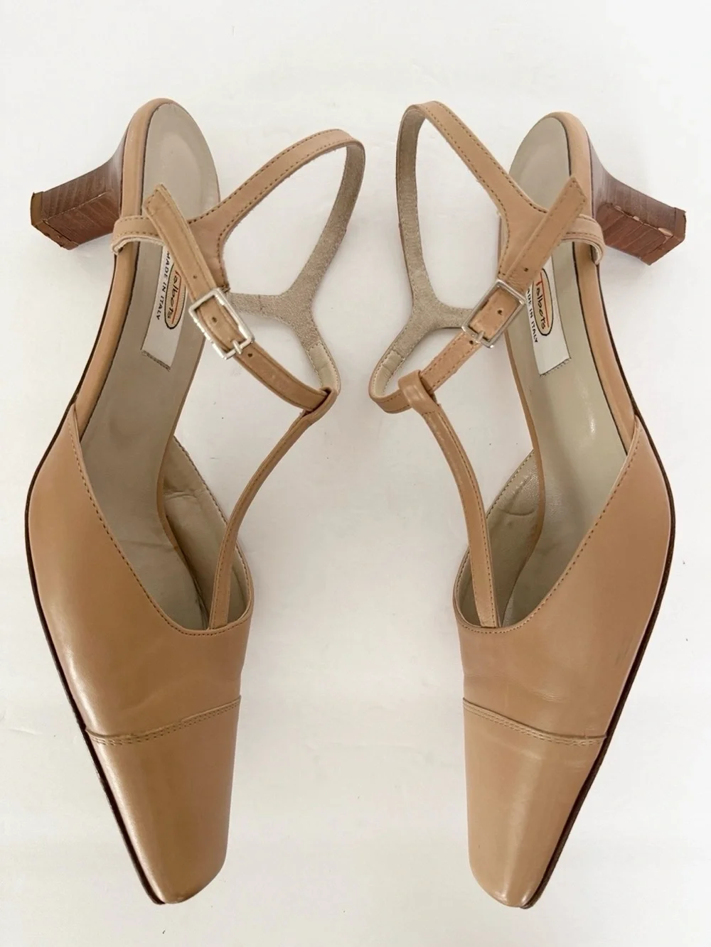 Talbots Nude Tan Leather T-Strap Slingback Square Toe Kitten Heels 7.5 M